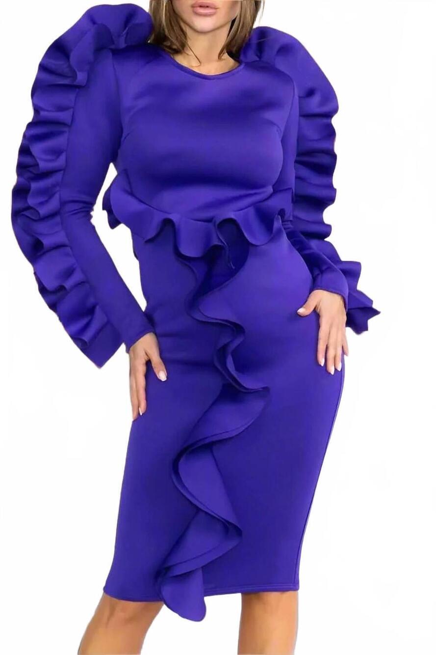 NEW J2 FASHION bodycon dress with dramatic ruffle - plus in purple
